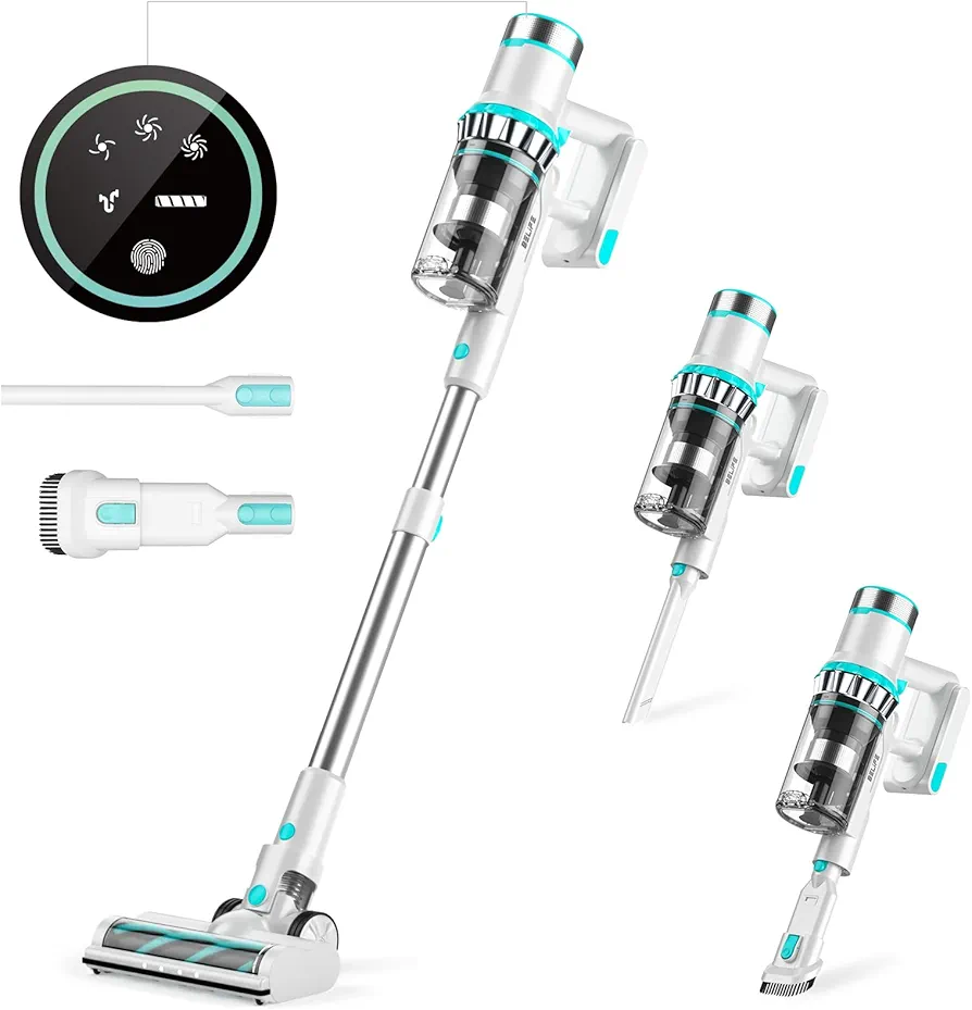 Belife Cordless Vacuum Cleaner, 38kpa 500W White Wireless Household Vacuum for Pet Hair with LED Touch Display, Stick Vacuum Cleaners for Home Carpet and Floor, 50Mins Runtime