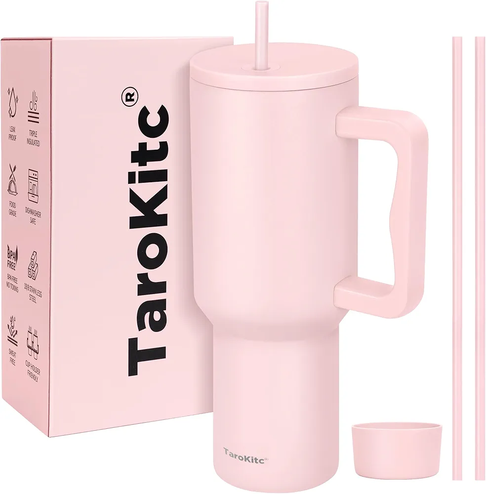 40 oz Tumbler with Handle, Leakproof Insulated Tumbler with Lid and Straw, Stainless Steel Travel Coffee Mug Cup, Car Cup Holder Friendly, Keep Cold for 30 Hours,Gifts for Women & Men, Light Pink