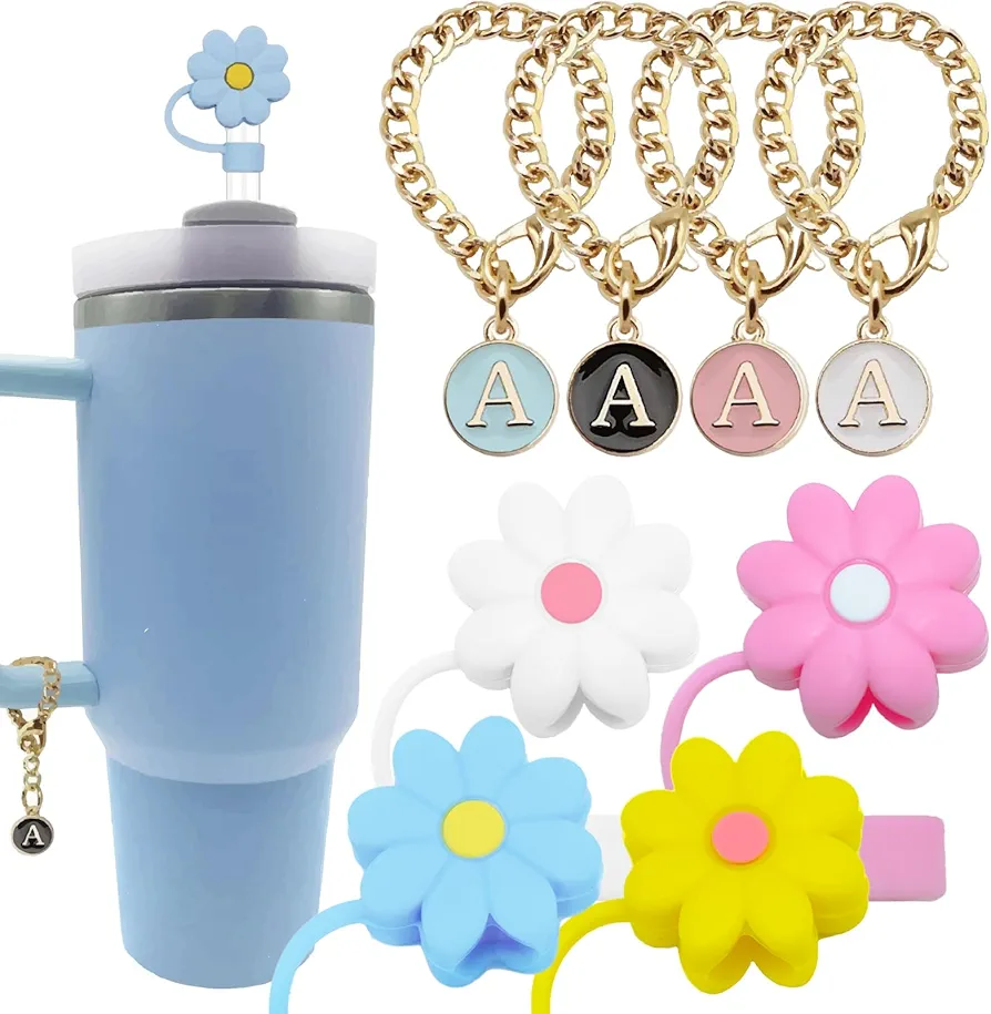 Stanley Cup Accessories, Silicone Straw Cover Cap for Stanley Cup 30 to 40 oz 0.4 inches,with 4 Initial Personalized Letter Charm for Stanley Tumblers 4 Dust-Proof Straw Toppers and 4 Letter A