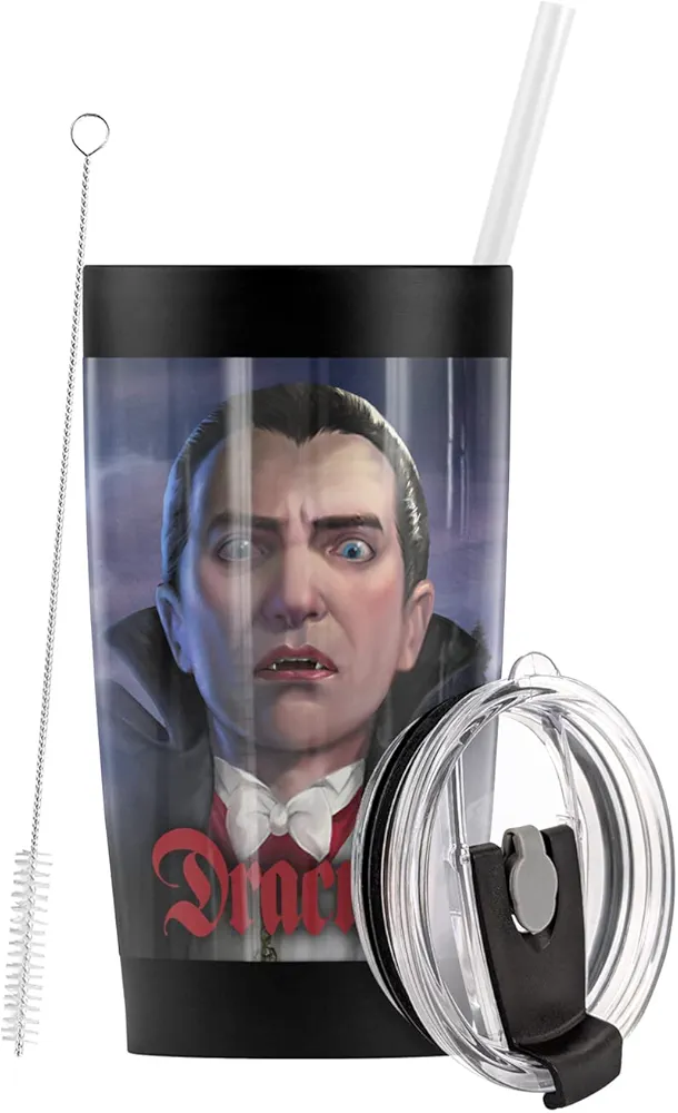 Logovision Universal Monsters Dracula Head Stainless Steel Tumbler with Straw and Flip Lid 20 oz Travel Mug/Cup, Vacuum Insulated & Double Wall with Leakproof Dual Lid