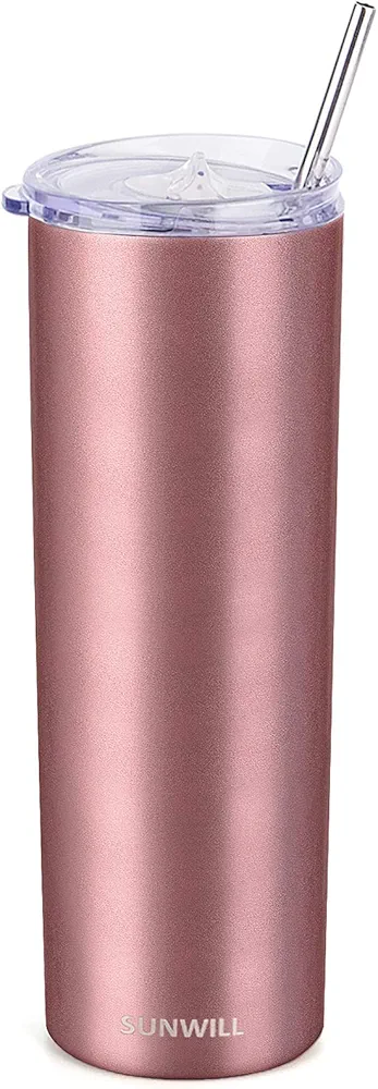 SUNWILL Straw Tumbler Skinny Travel Tumbler with Lid, Vacuum Insulated Double Wall Stainless Steel 20oz for Coffee, Tea, Beverages, Rose Gold