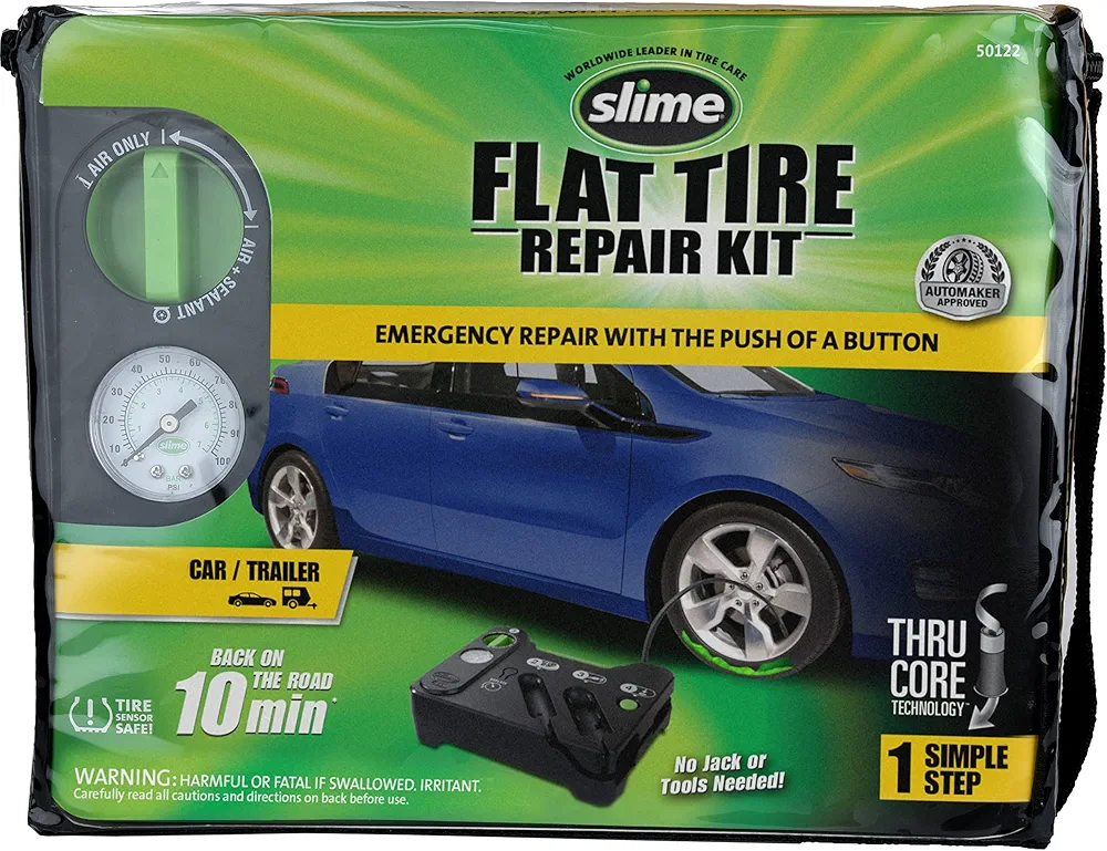 Slime 50122 Flat Tire Puncture Emergency Kit, Includes Sealant and Tire Inflator Pump, Analog, Suitable for Cars and Other Highway Vehicles, 10 Min Fix
