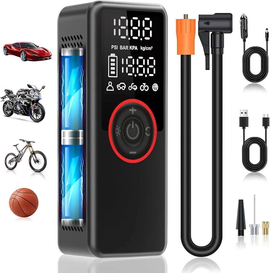 Tire Inflator Portable Air Compressor Air Pump for Cars, Bikes & Motorcycle Tires, 25mm Cylinder Pump with 150PSI for 3X Faster Inflation, Dual Cordless and DC12V Power with Accurate Pressure Gauge