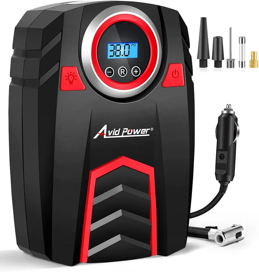 Avid Power 12V DC Air Compressor w/Digital Pressure Gauge, Car Tire Pump w/LED Light, Auto Shut-Off Tire Inflator for Car, Bicycles, Balls and Other Inflatables