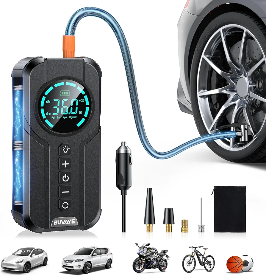 Tire Inflator Portable Air Compressor with Pressure Gauge, 2x Faster Inflation, 12V DC/AC Electric Air Compressor, 150PSI Smart Cordless Air Pump for Car Tires, Motorcycle, Bicycle, Balls