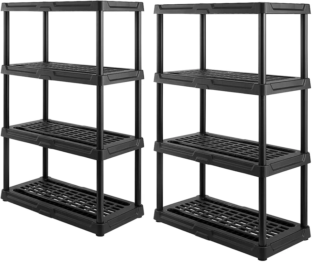 BLACK & YELLOW, 4-Tier High-Strength Plastic Storage Shelving Unit (Black), 150lbs per Shelf Capacity (56”H x 36”W x 18”D), for Indoor/Outdoor Storage and Organization [2-Pack]