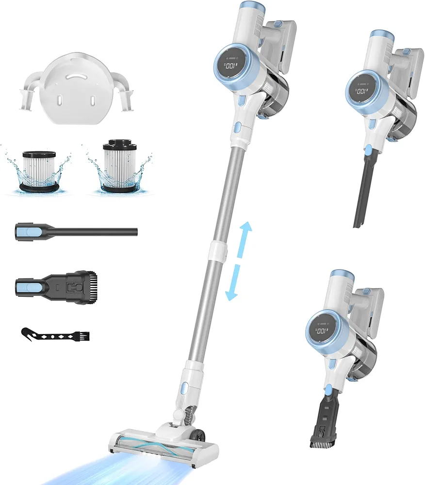 Cordless Vacuum Cleaner, 28Kpa Powerful Suction Vacuum Cleaners for Home, 6-in-1 Stick Vacuum with LED Touch Screen, Rechargeable Cordless Vacuums for Pet Hair, Carpets & Hard Floors, 1.0L Dust Cup