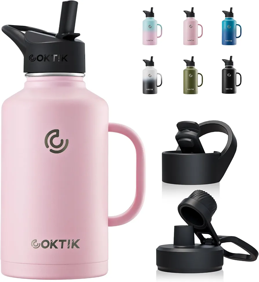 COKTIK 64 oz/Half Gallon Insulated Water Bottle Jug with Straw and Handle, Double Walled Stainless Steel Metal Sports Metal Water Flask with Reusable 3 Lids Camping, Fitness or Office(Blush)