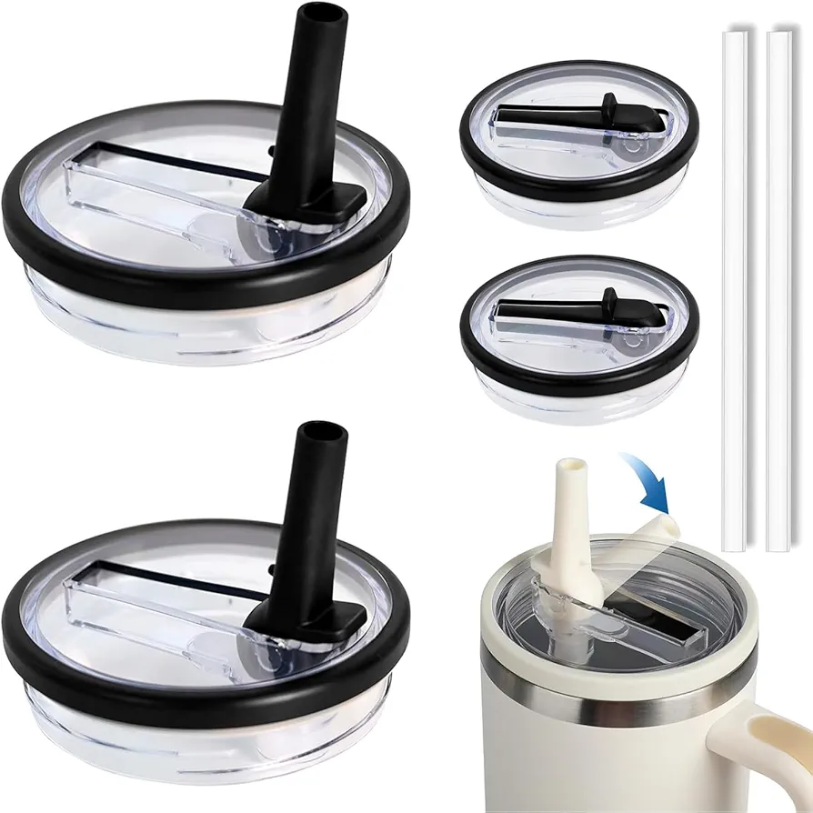 2 PCS 40 oz Replacement Tumbler Flip Fit for Stanley Quencher and Traveler，Straw Lids Spill Proof Splash Resistant Reusable Tumbler Cover for Car Cup Reusable Tumbler Lid with Straw (2PCS Black)
