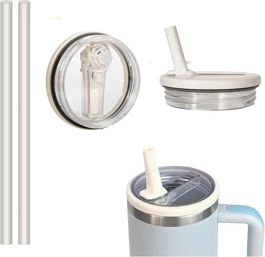 2 Pack 40 oz Tumbler Flip Straw Lid Replacement Fit for Stanley Quencher, Leak Proof for Stanley Lid Replacement Spill Proof Reusable Tumbler Cover Compatible with 40oz Stanley Cup Accessories (White)
