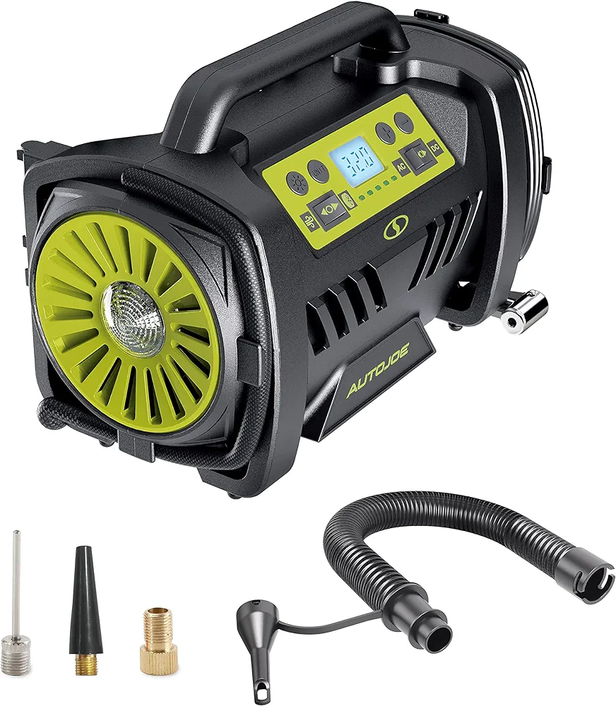 ATJ-AIR1-HYB Hybrid 12-Volt/120-Volt AC High Volume Tire Inflator/Deflator, w/Digital Pressure Gauge, Tire Air Chuck Adaptor, Sports Pin, General Inflatable Valve, & Auto Shut Off