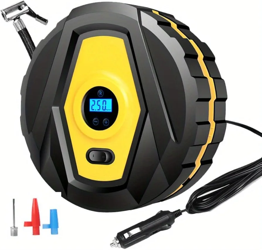 Car Tire Inflator Pump, Digital Air Compressor for Car Auto Pump Portable Tire Inflator Car Multifunctional Pump Small Sedan Car Portable Pump with LED Light DC 12V (Yellow And Black)