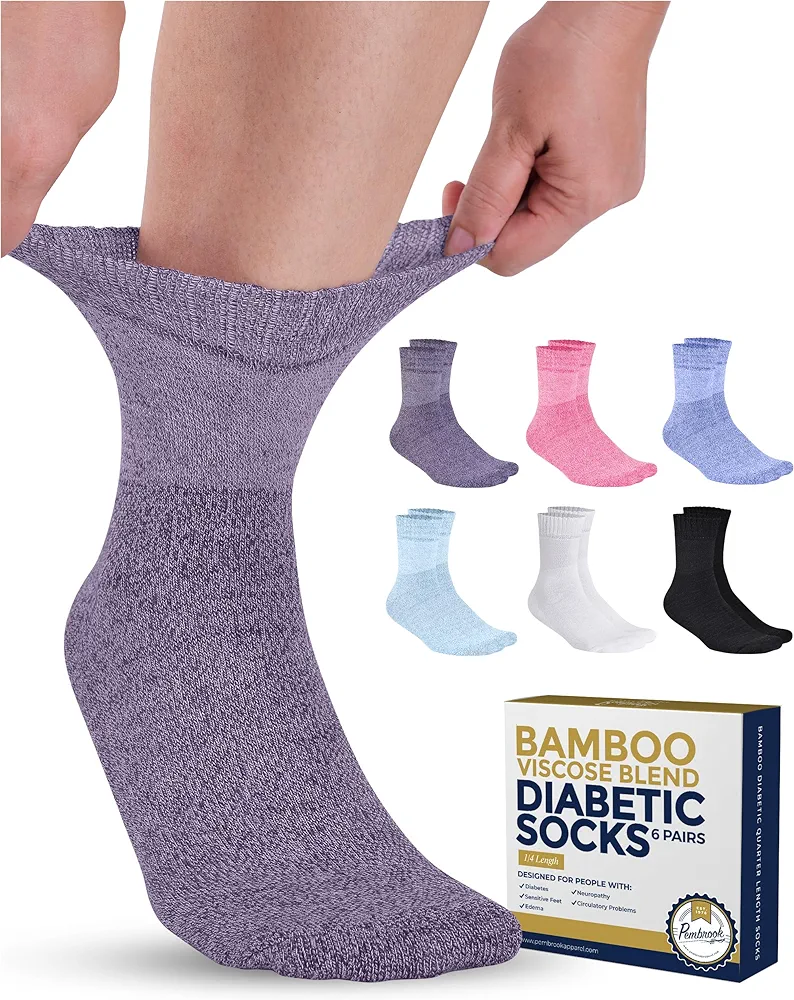 Pembrook Bamboo Viscose Diabetic Socks for Women & Men - 6 Pairs Ankle Socks for Swollen Feet | Neuropathy Socks | Edema Neuropathy Socks for Women | Diabetic Socks Women 9-12