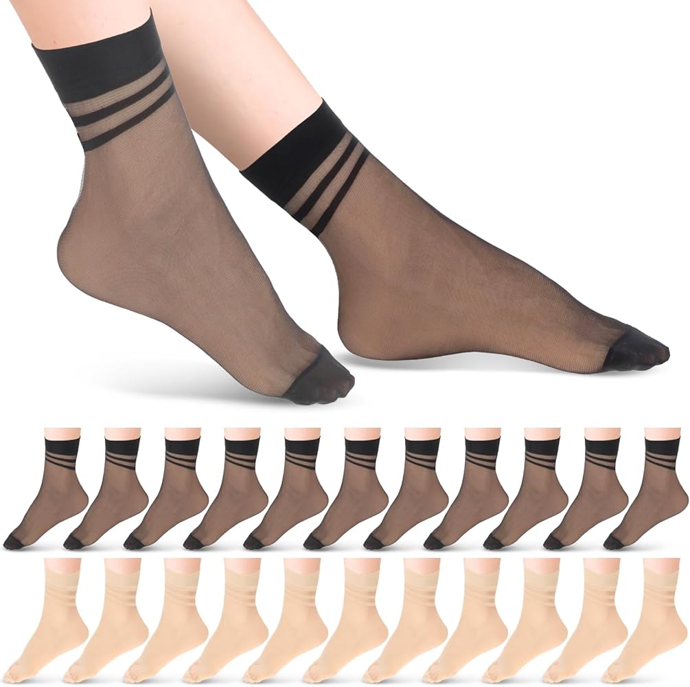 Nylon Socks for Women,20 Pairs Sheer Socks Women Ultra Thin Ankle Stocking Footies Elastic Hosiery Trouser Socks See Through Breathable Transparent Silk Dress Socks with Reinforced Toe for Women Girls