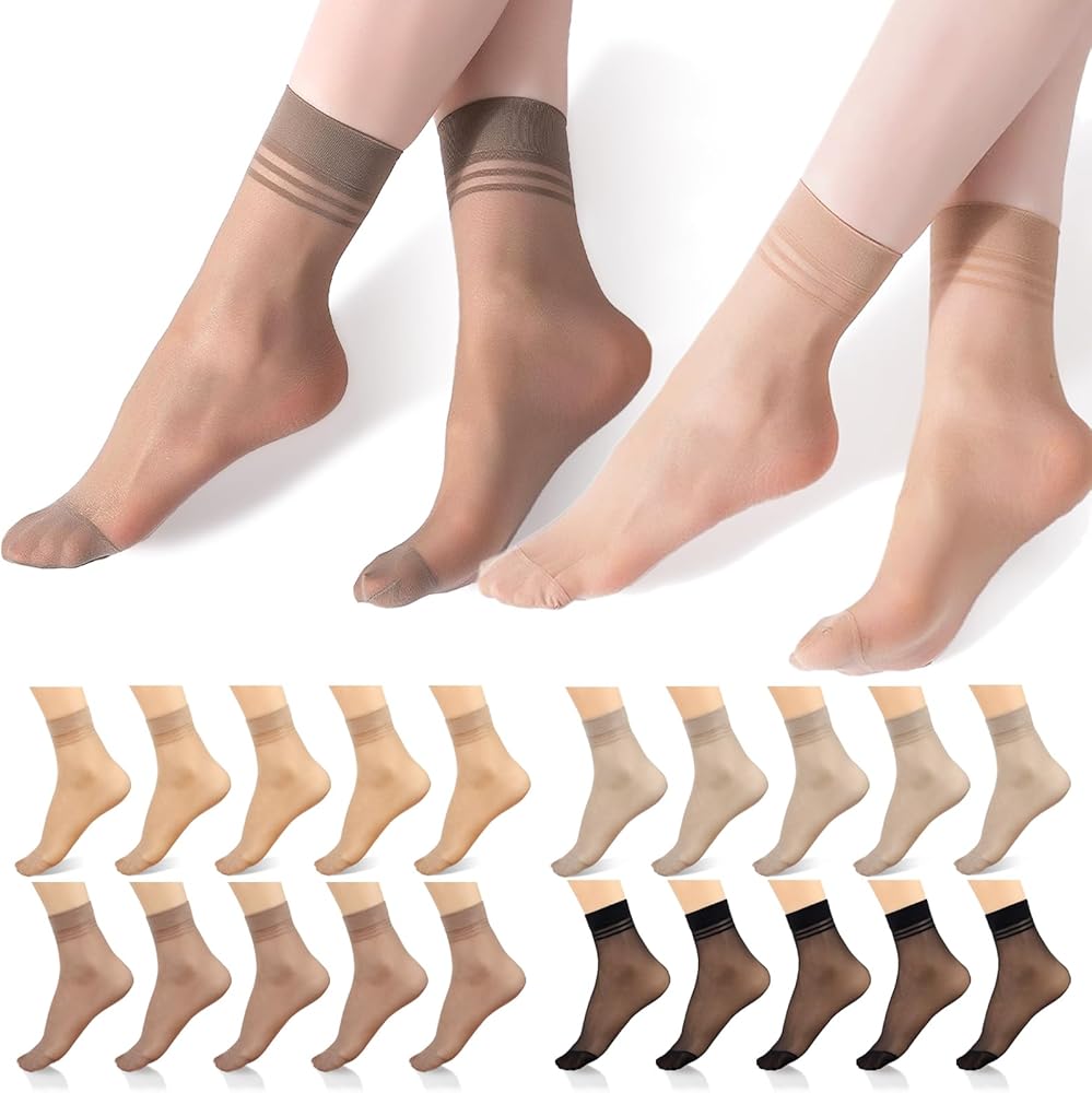 20 Pairs Women's Sheer Socks Ankle Nylon Socks Ultra Thin See Through Cool Soft Short Dress Stockings Anti-Snag Nude Black Hosiery Socks