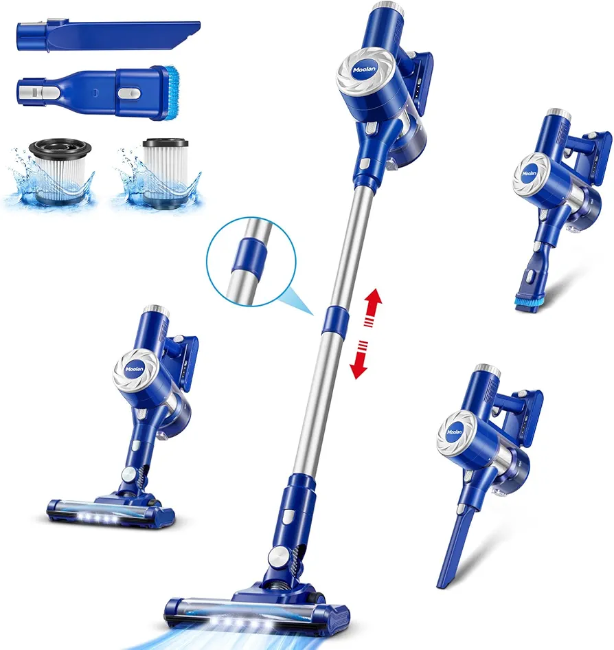 MOOLAN Cordless Vacuum Cleaner, 6 in 1 Lightweight Vacuum with Powerful Suction Rechargeable Battery 20min Runtime 180° Rotating Roller Brush for Home Hardwood Floor