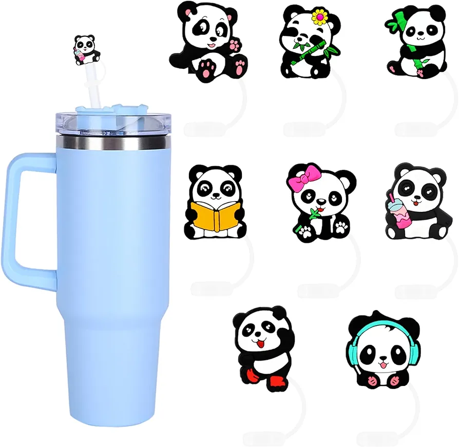 Panda Silicone Straw Caps, 8PCS Reusable Tips for Stanley 30&40 Oz Tumblers, 10mm Diameter, White