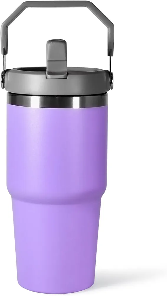 20 oz Tumbler with Handle, Insulated Tumbler with Lid and Flip Straw Leak Proof Double Wall Stainless Steel Vacuum Travel Coffee Mug Insulated Water Bottle Thermal Cup, Cupholder Friendly, Purple