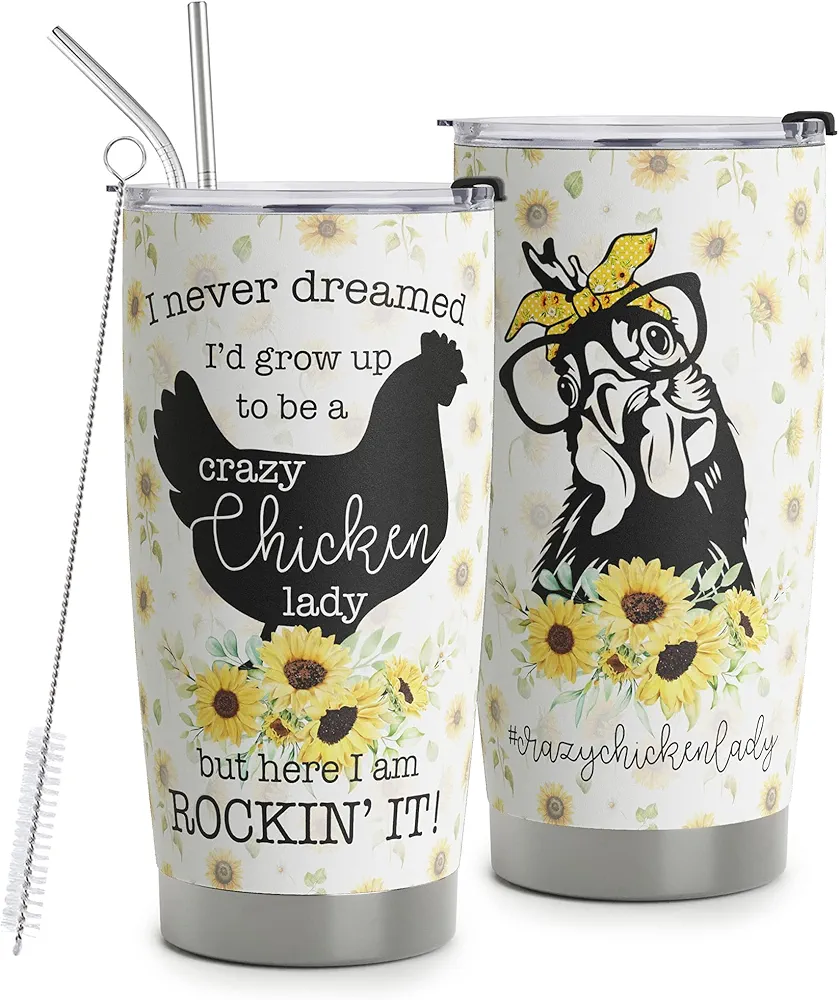 Crazy Chicken Lady Gifts - Stainless Steel Chicken Sunflower Tumbler Cup 20oz for Chicken Owners - Chicken Travel Mug for Mom Women Wife - Birthday Gifts for Chicken Lovers