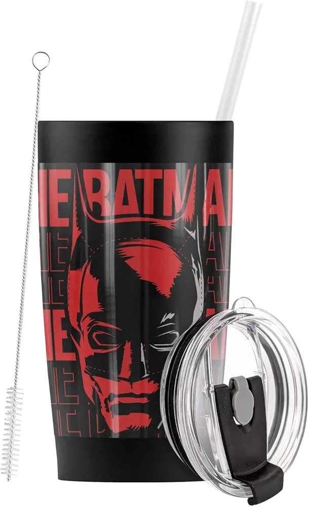Logovision The Batman (2022) Headshot Repeat Stainless Steel Tumbler with Straw and Flip Lid 20 oz Travel Mug/Cup, Vacuum Insulated & Double Wall with Leakproof Dual Lid