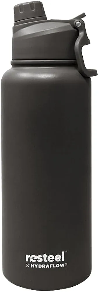 HYDRAFLOW Re-Steel Water Bottle: 34oz Dual Lid Triple Wall Vacuum Insulated, Recycled Stainless Steel, Leak Proof, BPA-Free, w/Flip Straw – Perfect for Sports, Travel and Hydration - Midnight Shadow