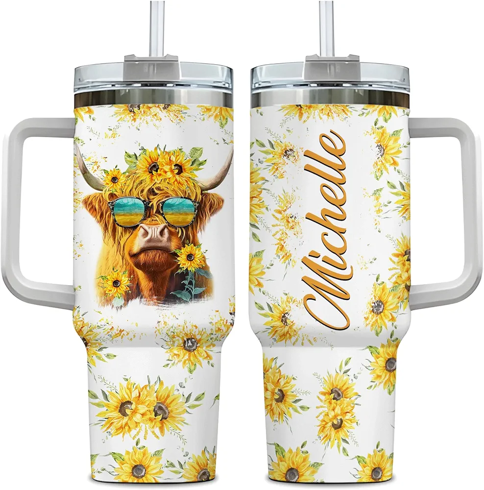 Hyturtle Personalized Gifts For Highland Cow Lover Tumbler 40oz with Handle and Straw - Stainless Steel Travel Coffee Cup With Lid - Cute Farm Animal Lover Gifts For Women, Girl On Birthday Christmas