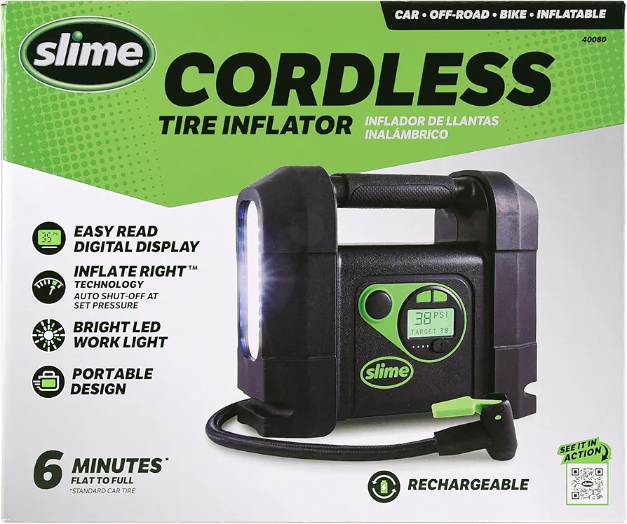 Slime 40080 Cordless Tire Inflator, Rugged Portable Air Compressor Pump with Auto Shut Off, Lithium Ion Battery and LED Light, Rechargeable