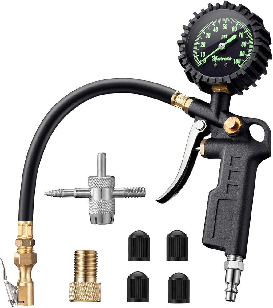 AstroAI Tire Pressure Gauge with Inflator, 100 PSI-ANSI B40.1 Accurate, Large 2.5" Easy Read Glow Dial, Heavy Duty Air Chuck and Compressor Accessories with Rubber Hose and Quick Connect Coupler