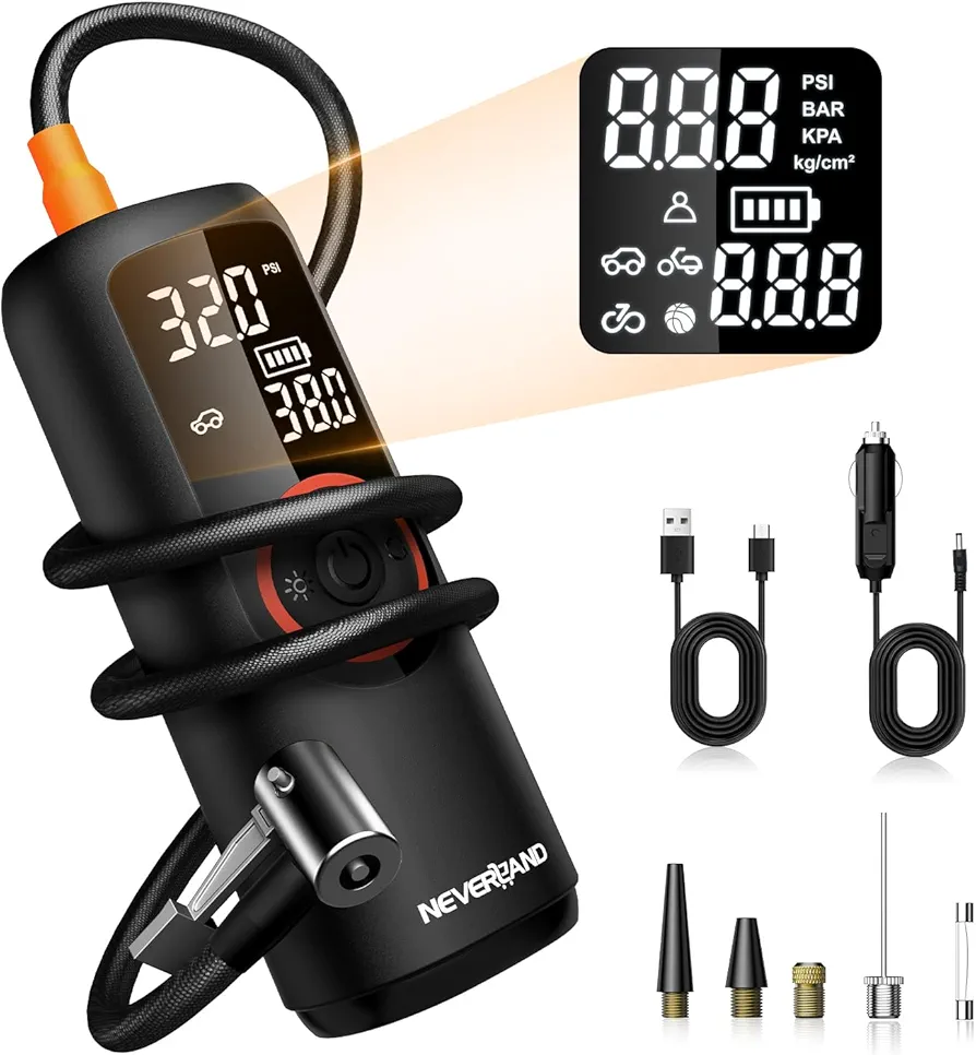 NEVERLAND 20000mAh Tire Inflator Portable Air Compressor, Air Pump with Digital Gauge Dual Lighting, Electric Pump for Car Ball Motorcycle Bike Phone Charging 150PSI DC 12V