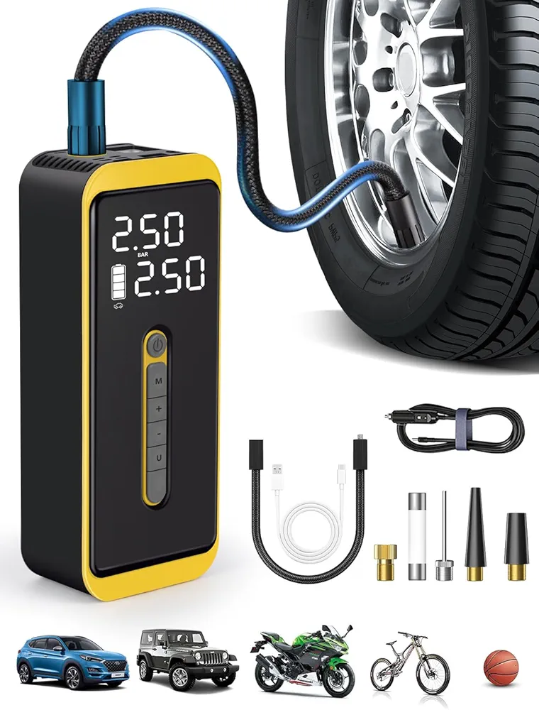 Tire Inflator Portable Air Compressor Electric Car bicycle Air Pump Cordless 12V 150PSI Inflatable Accessory with Digital Pressure Gauge, LED Light, for Bike Motorcycles, Auto Wheels & Balls,Yellow
