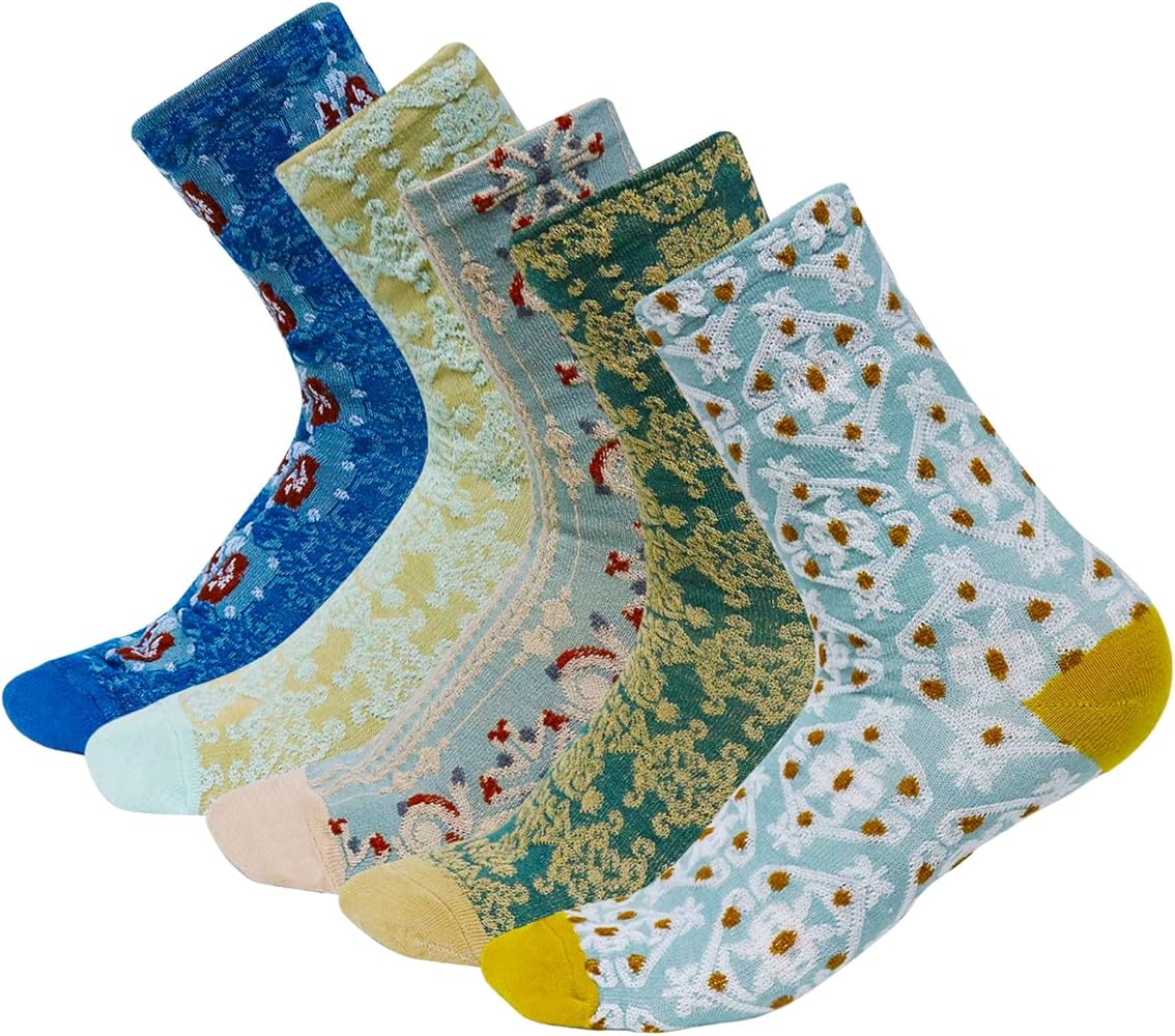 5 Pairs Vintage Patterned Crew Socks Floral Cotton Socks Warm Socks Thick Soft Socks Gifts for Women