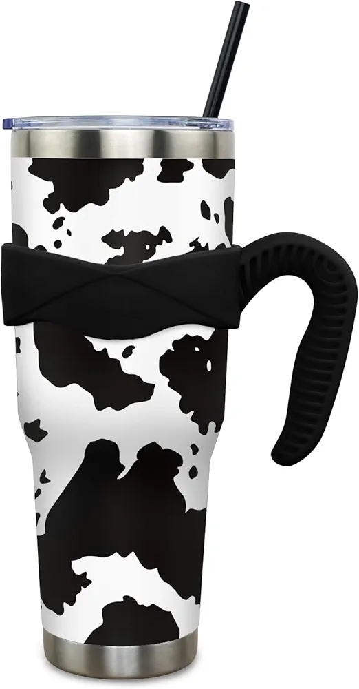 40 oz Tumbler with Handle and Straw 40 oz Cow Cup Insulated Stainless Steel Coffee Travel Mug Spill Proof Leak Proof Slim 40oz Tumbler with Handle Cow Decor Stuff Gifts for Women