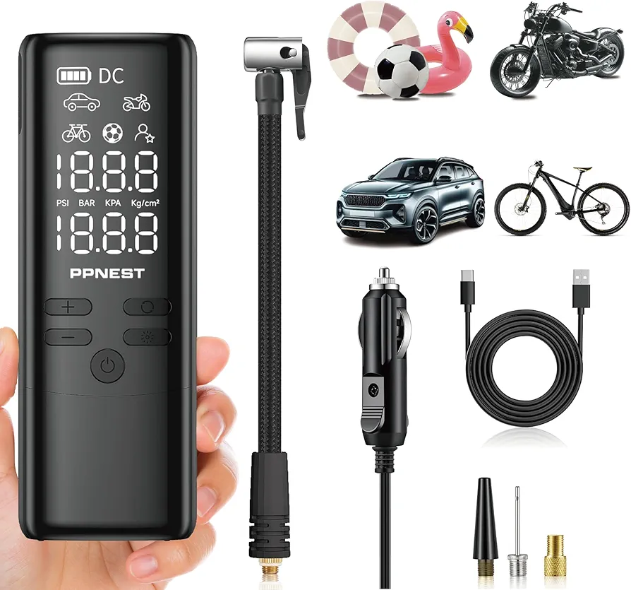 Tire Inflator Portable Air Compressor, 150PSI Smart Air Pump for Car Tires with Battery x3, Auto-Off Pump with Digital Pressure Gauge & Extended Air Hose for Car, Motorcycle, Bike, Ball