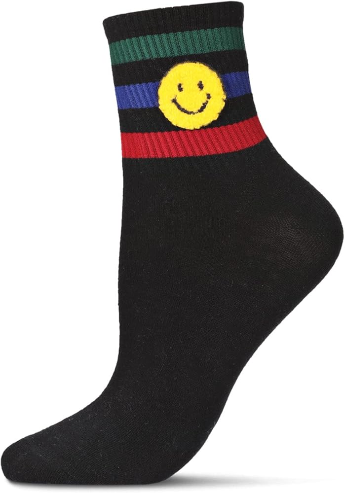 MeMoi Women's Smiley Terry Patch Stripe Crew Socks
