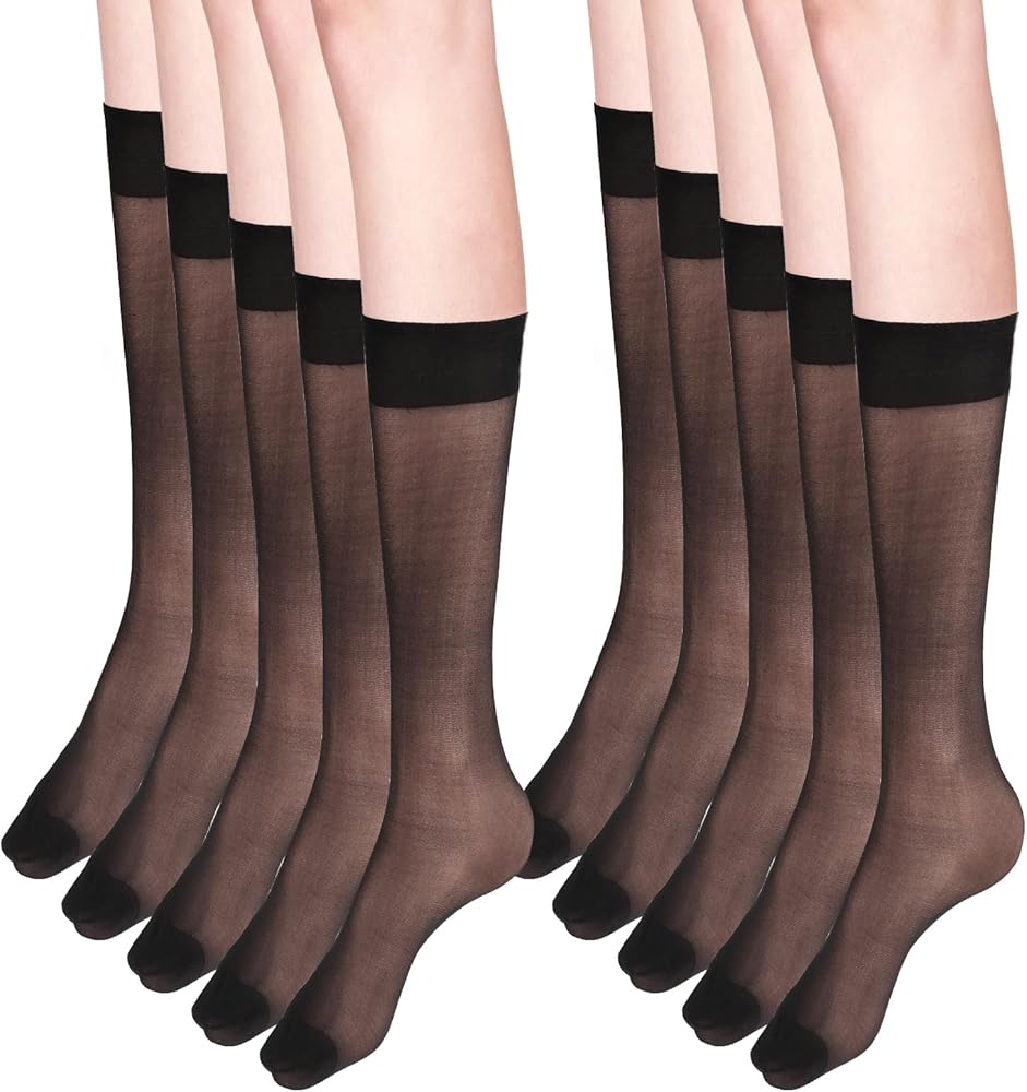 5 Pairs Black Knee High Nylons Knee High Stockings for Women Nylon Knee Highs 20D Sheer Knee High Socks Calf Socks Elastic Soft Nylon Socks for Girls with Reinforced Toe