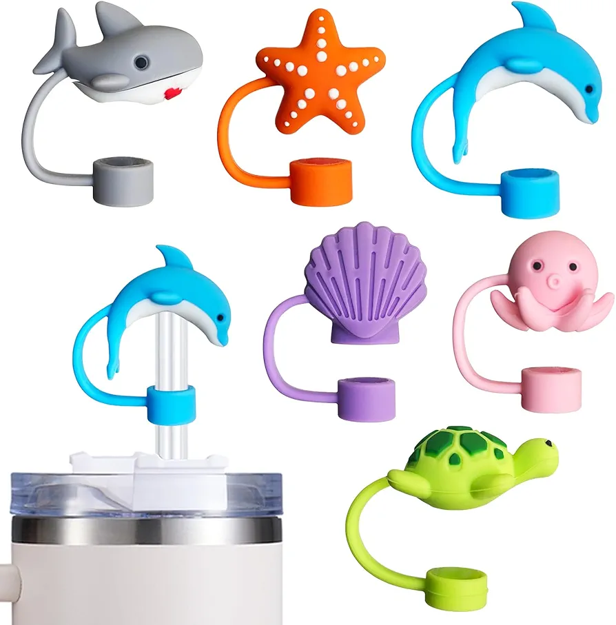 6PCS Straw Cover Cap for Stanley Cup, Silicone Sea Animal Straw Topper for Stanley 30&40 Oz Tumbler with Handle, 10mm 0.4in Dust-Proof Reusable Straw Tips Lids. (Color 4)