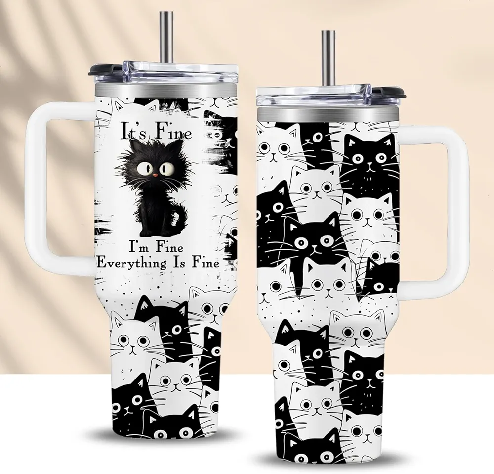 Cat Lover Gifts, Black Cat Tumbler for Women Men, Everything Is Fine Cat Mug, Christmas Birthday Gift for Cat Mom Mug, 40 oz Stainless Steel Cat Coffee Cups with Handle