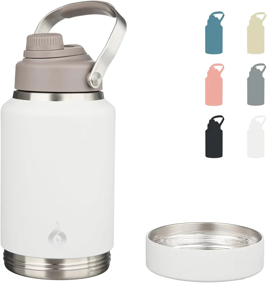 BJPKPK 64oz Insulated Water Bottles, Dishwasher Safe Half gallon Water Bottle with Metal Handle, BPA Free Spout Lid & Detachable Bowl, Large Stainless Steel Water Jugs, Milky White