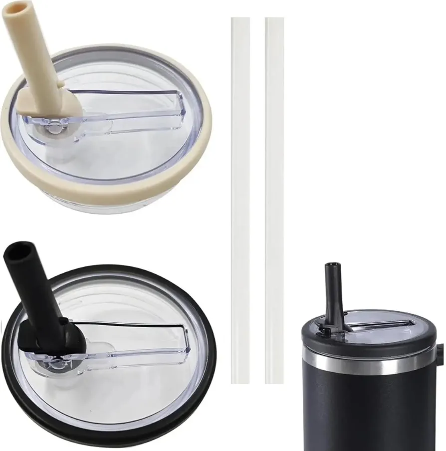 2 Pack, 40 oz Tumbler Flip Straw Lid, Replacement fit for Stanley Quencher, Leak-Proof Splash Resistant, Reusable Tumbler Lid for Stanley Cup, [ Ivory White, Black ]