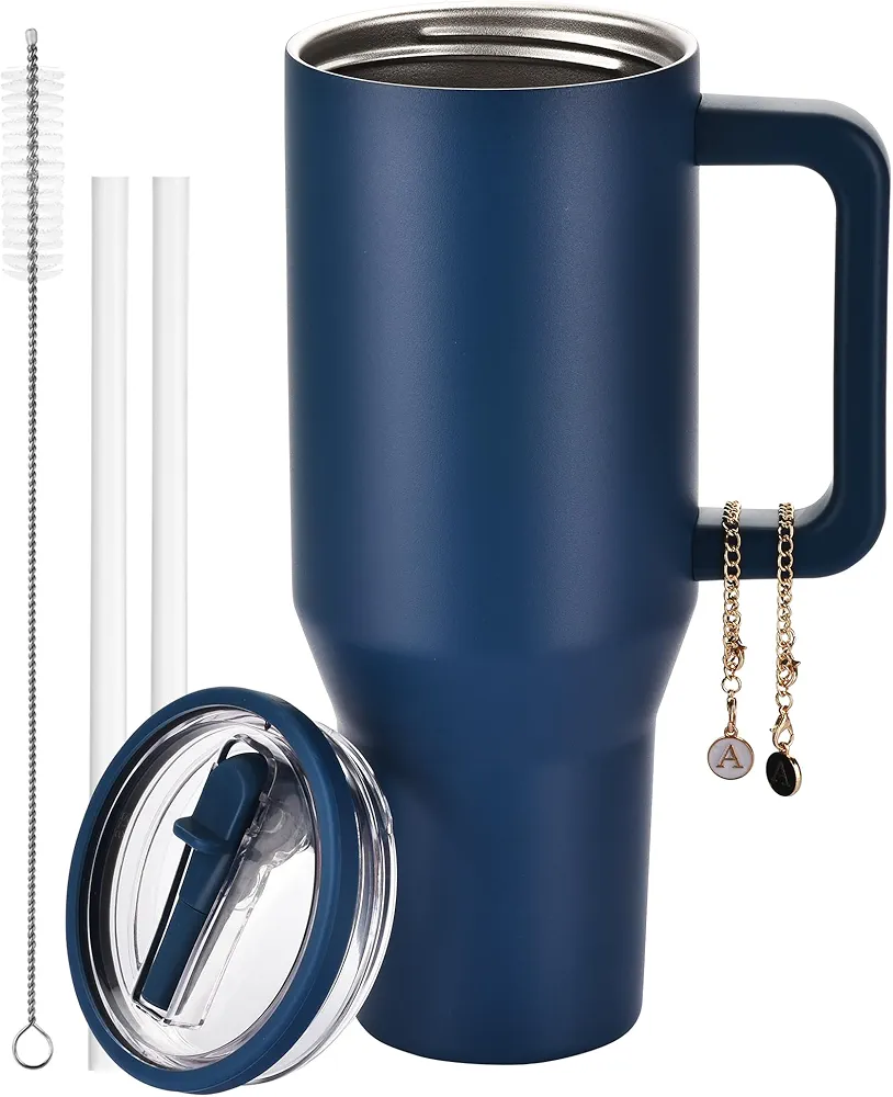 40 oz Tumbler with Handle and Flip Straw,Leakproof Insulated Tumbler Cup with Lid and Straw,Reusable Stainless Steel Water Bottle Travel Mug Holder Friendly & Rubber Base,Gifts for Women (Navy Blue)