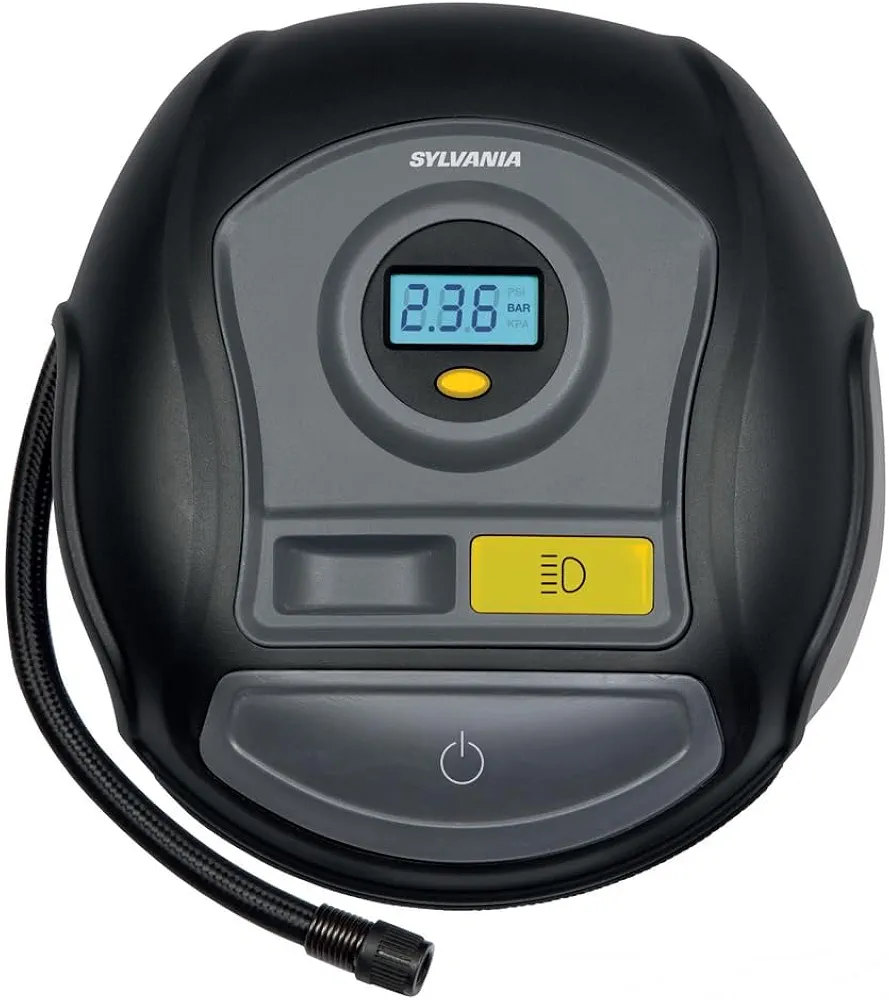 Sylvania Plus Portable Tire Inflator - Functions as a Portable Air Compressor - For Cars Tires, Bikes & More - Digital Dial on Car Tire Inflator - 3 Piece Adapter Set