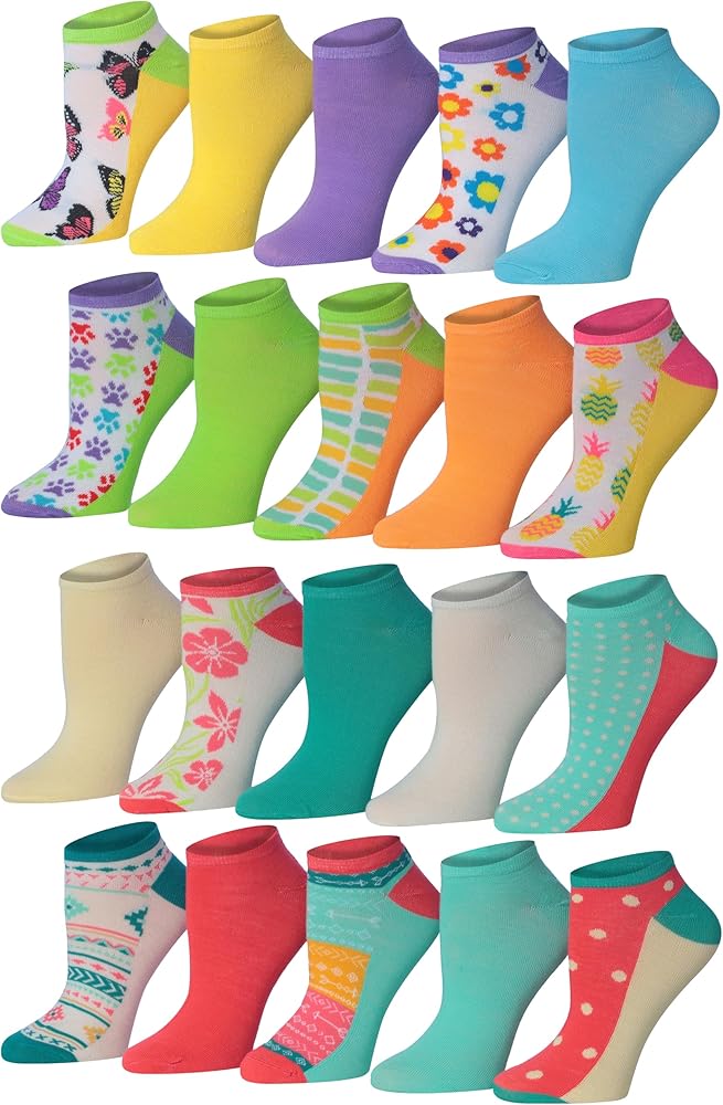 Tipi Toe Women's & Girls 20 Pairs Colorful Patterned No Show Socks For Women