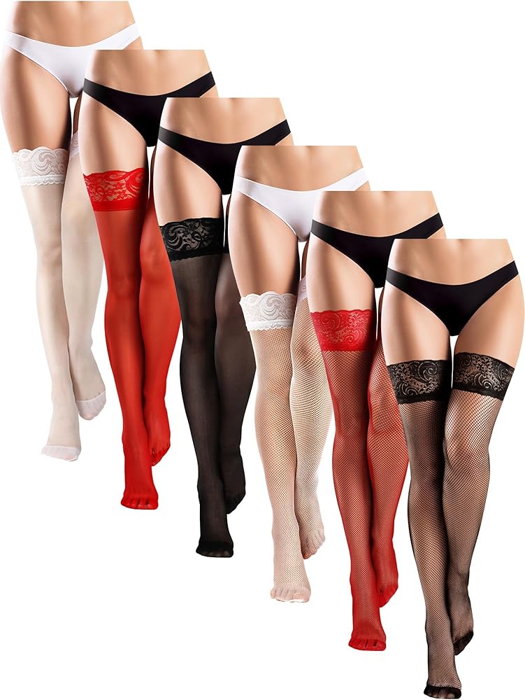 Xuhal 6 Pairs Women Thigh High Stocking Anti Slip Elastic Lace Top Silky Sheer Fishnet Knee Thigh High Socks for Women