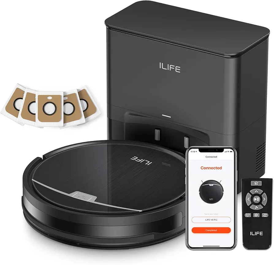 ILIFE V9 Pro Robot Vacuum and Mop Combo, Self Emptying Robot Vacuum Cleaner, 3000Pa Strong Suction, Gyro Navigation, App/Alexa/Remote Control, Works with 2.4G Wifi, Ideal for Hard Floors, Black