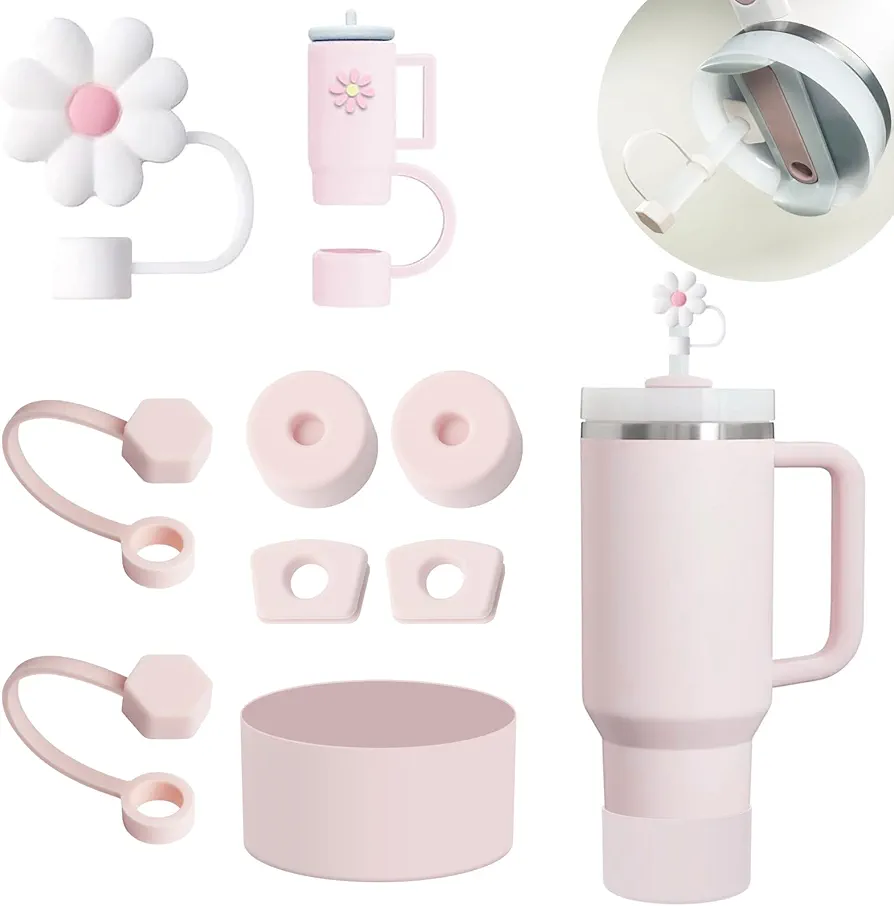 Stanley Cup Accessories Set Includs 6Pcs Silicone Spill Proof Stopper, 2Pcs Straw Cover Cap for 9-10 mm Straw, 1Pcs Silicone Boot for Stanley Cup 40oz&30oz Tumbler (Rose Quartz), standard
