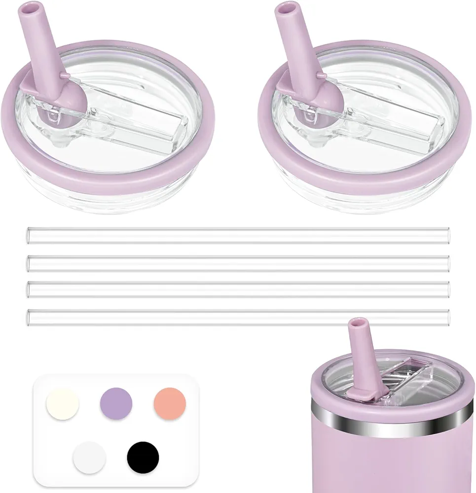 2-Pack 40oz Tumbler Replacement Flip Straw Lids with 4 Long Straws, Spill-Proof, Splash-Resistant, Reusable Covers for Large Travel Mugs, Compatible with Most 40oz Tumblers (Lilac)