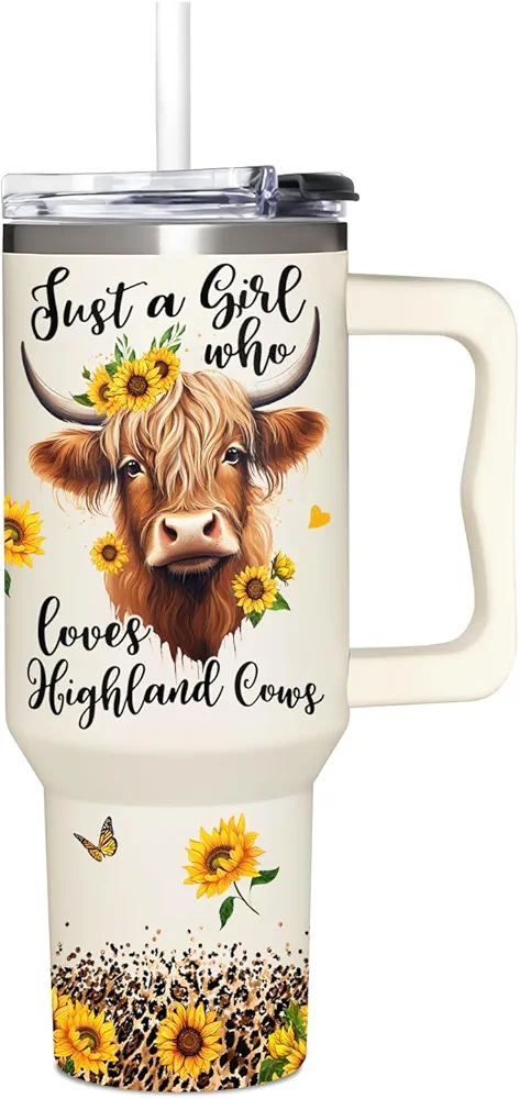 Highland Cow Gifts - Cow Gifts for Woman for Cowgirls - Birthday Gifts for Female Farmers for Cowgirl - Farming Gifts - Cowgirl 40Oz Tumbler with Handle & Straw
