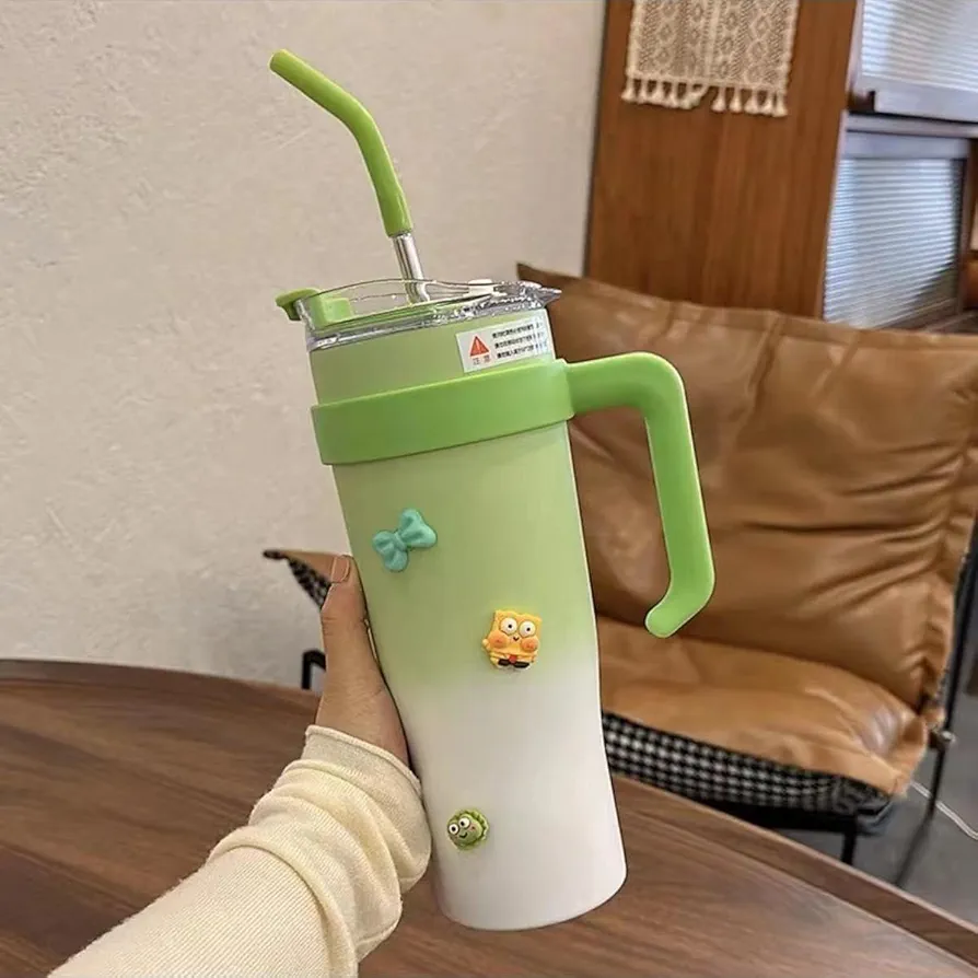 STARANDFLY 40oz Tumbler with Handle and Straw Lid, Stainless Steel Vacuum Insulated Travel Mug Tumbler with Leak-Proof Flip Lid, Straw for Hot and Cold Drinks, Green