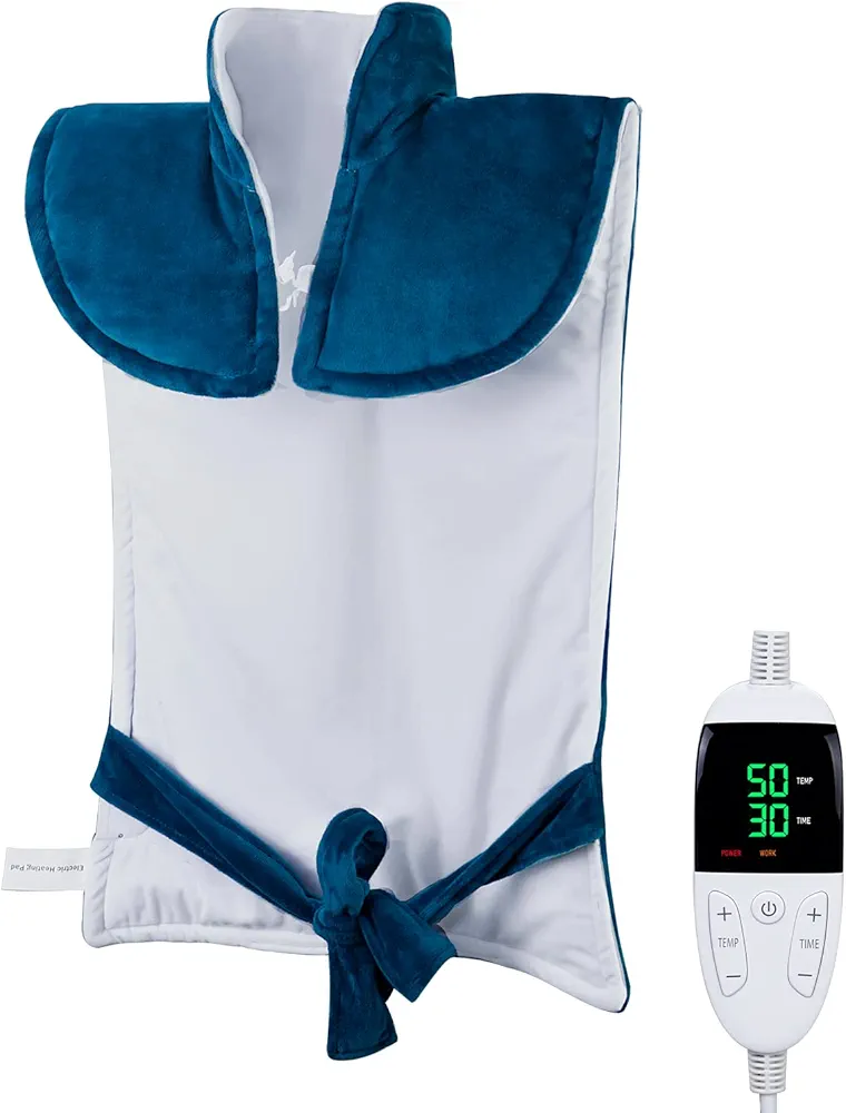 Heating Pad for Neck and Shoulders, King Size Heating Pad for Back/Waist/Shoulder/Neck Pain and Cramps Relief - Moist and Dry Heat Therapy with Auto-Off Hot Heated Pad Blue
