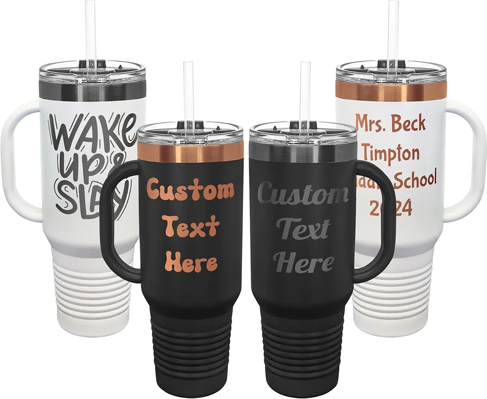 Customized 40oz Handle Tumblers with Ion Plated Inner Bladder, Personalized Travel Tumbler using Text, Names or Image Uploads, Engraved in the USA, Custom Travel Mugs (40oz)